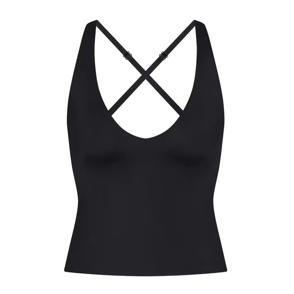 Skims Shine V-Neck Tank Obsidian Black Cross Back Top SL-SLS-8621W Medium